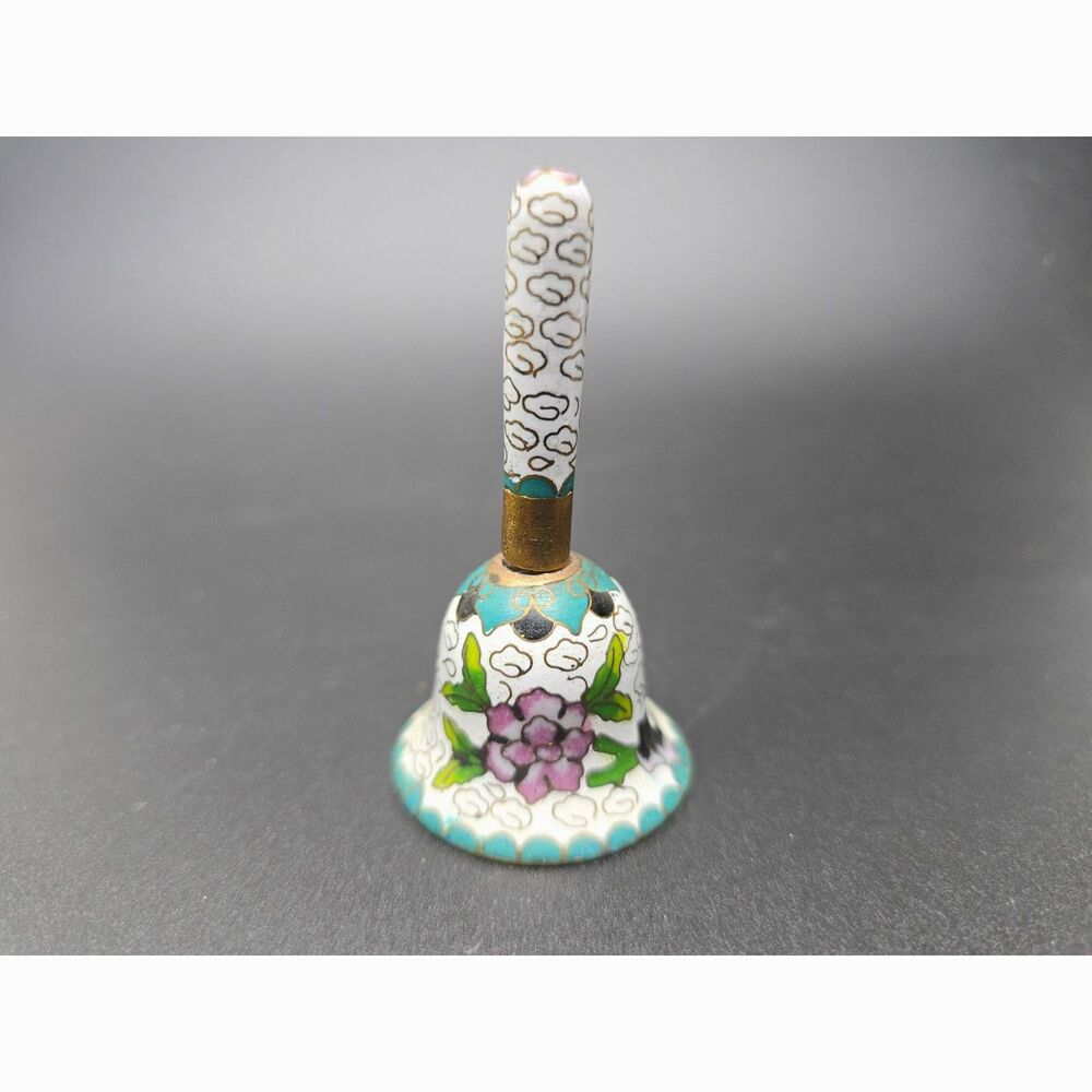 Vintage Cloisonné Enamel Bell Floral White Turquoise Brass Mini Collectible 2.5"